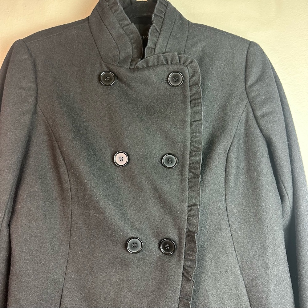 Ann Taylor Petite Black Double Breasted Ruffled Funnel Neck Coat/Blazer SzMP - Picture 3 of 10